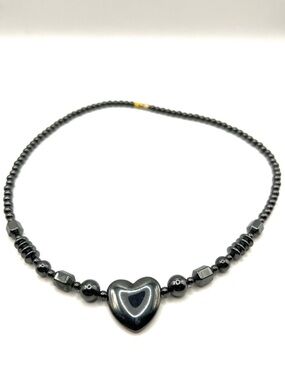 Black Puffy Heart Hematite Bead Necklace 16 in